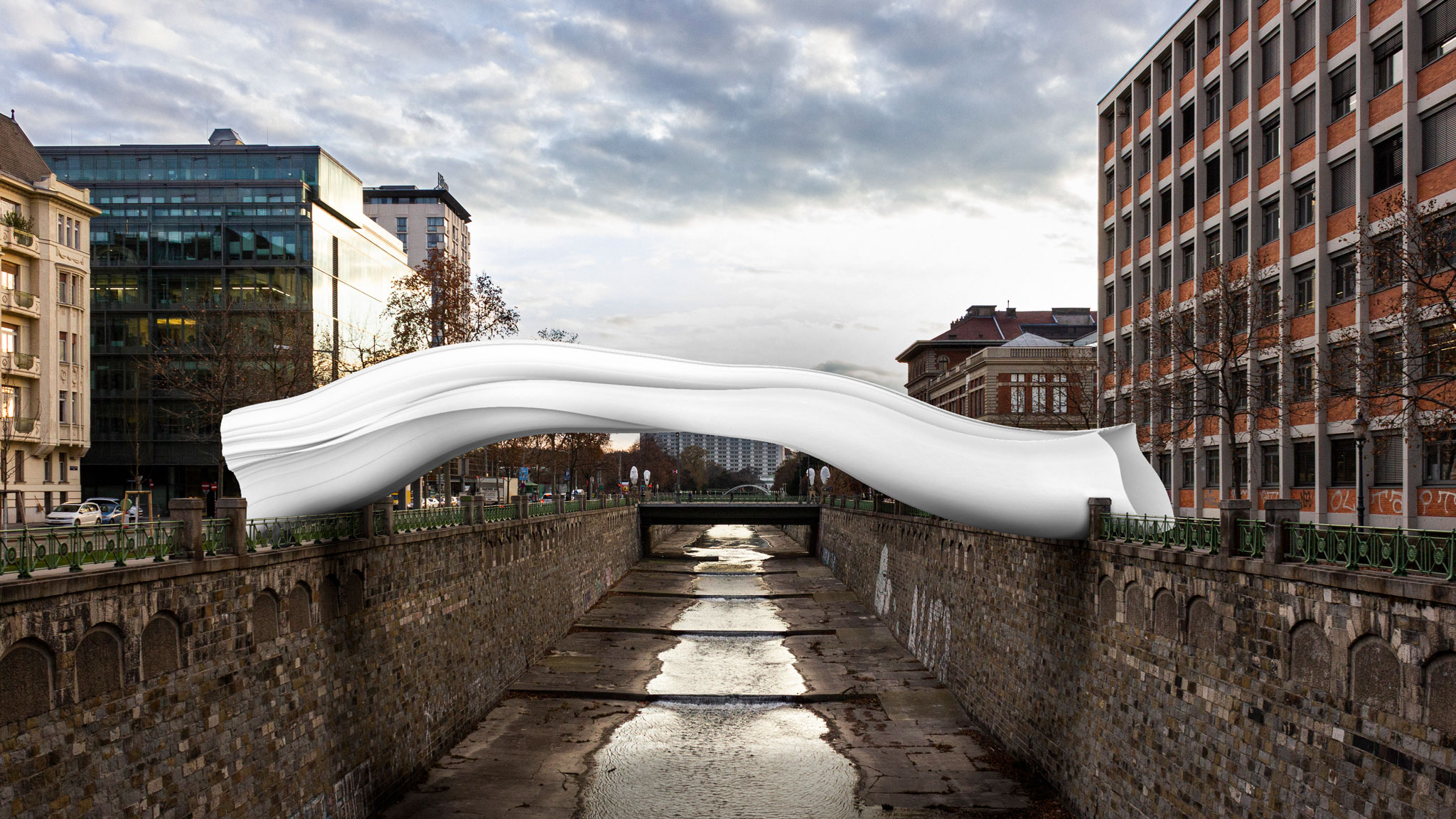 Visualization of a morphed bridge over the Wien River, next to the University of Applied Arts’ campus.
